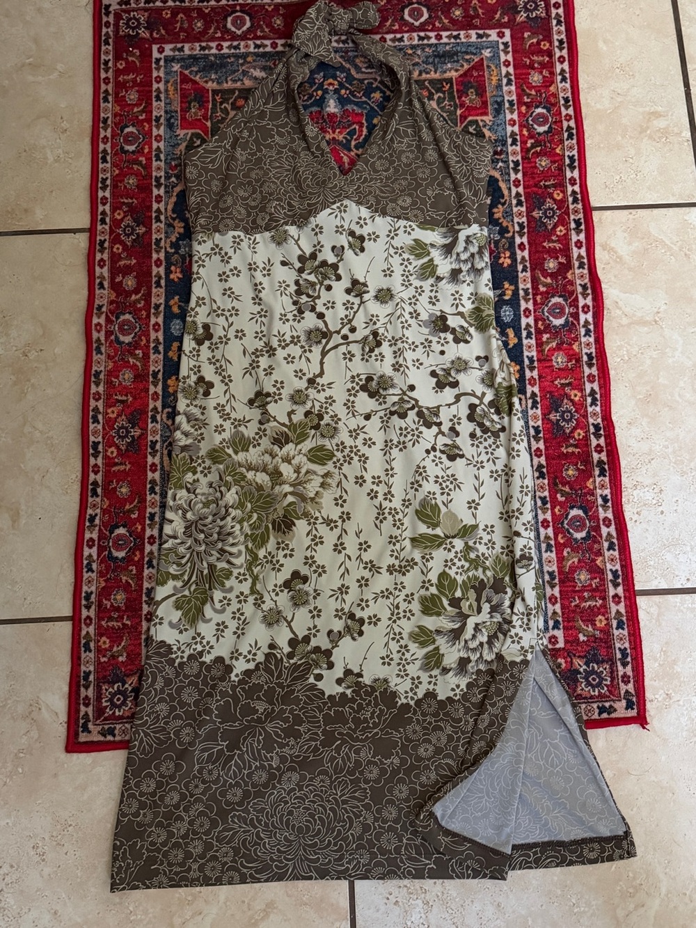 BCBGMaxAzria Olive and Cream Floral Halter Maxi Dress